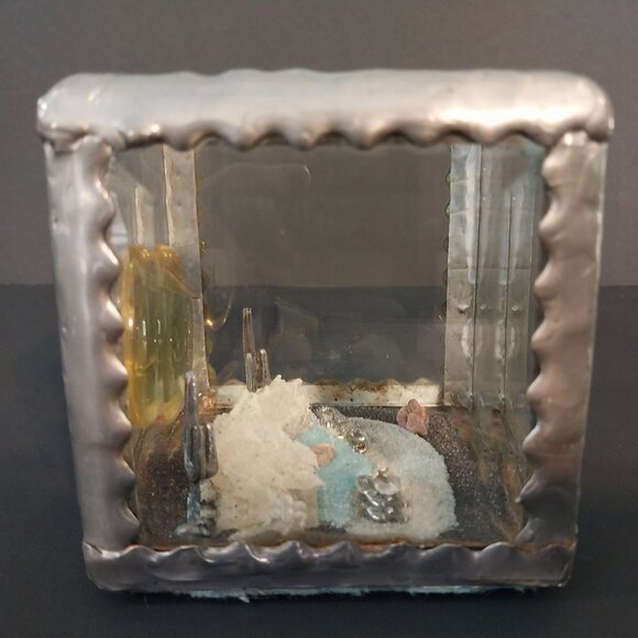 Beveled Glass And Pewter Square Diorama Gold Miner Cactus Crocodile Alligator - Picture 5 of 8